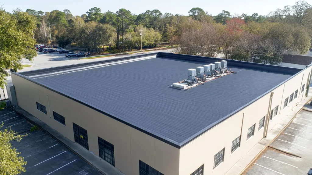 A commercial roof on a manufacturing plant in a location similar to Savannah with a comic book style aesthetic (AI image)
