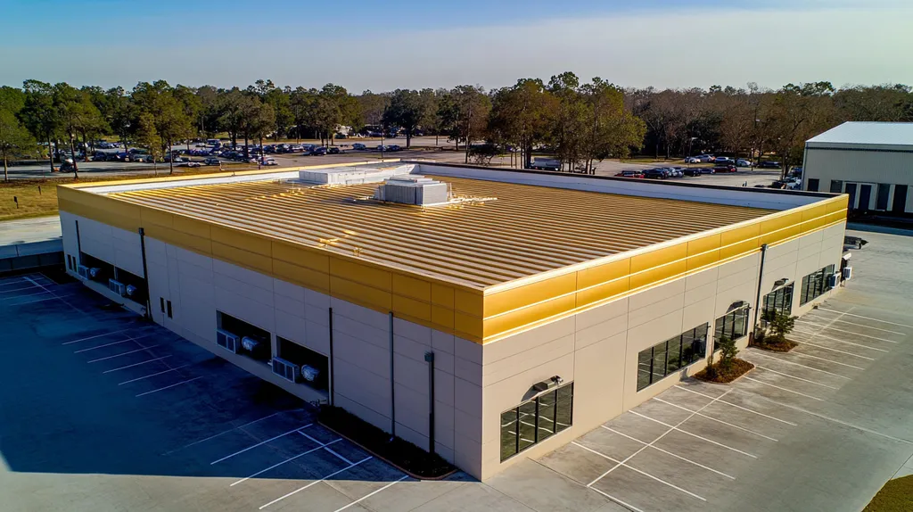 A commercial roof on a manufacturing plant in a location similar to Savannah with a solid gold aesthetic (AI image)