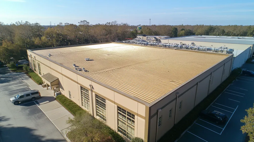 A commercial roof on a manufacturing plant in a location similar to Savannah with a solid gold aesthetic (AI image)