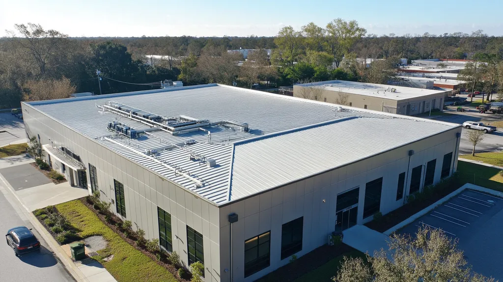 A commercial roof on a manufacturing plant in a location similar to Savannah with a stainless steel aesthetic (AI image)