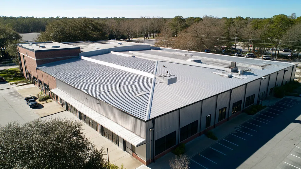 A commercial roof on a manufacturing plant in a location similar to Savannah with a stainless steel aesthetic (AI image)