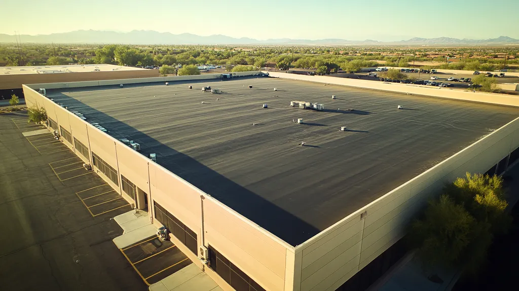A commercial roof on a manufacturing plant in a location similar to Scottsdale with a Polaroid aesthetic (AI image)