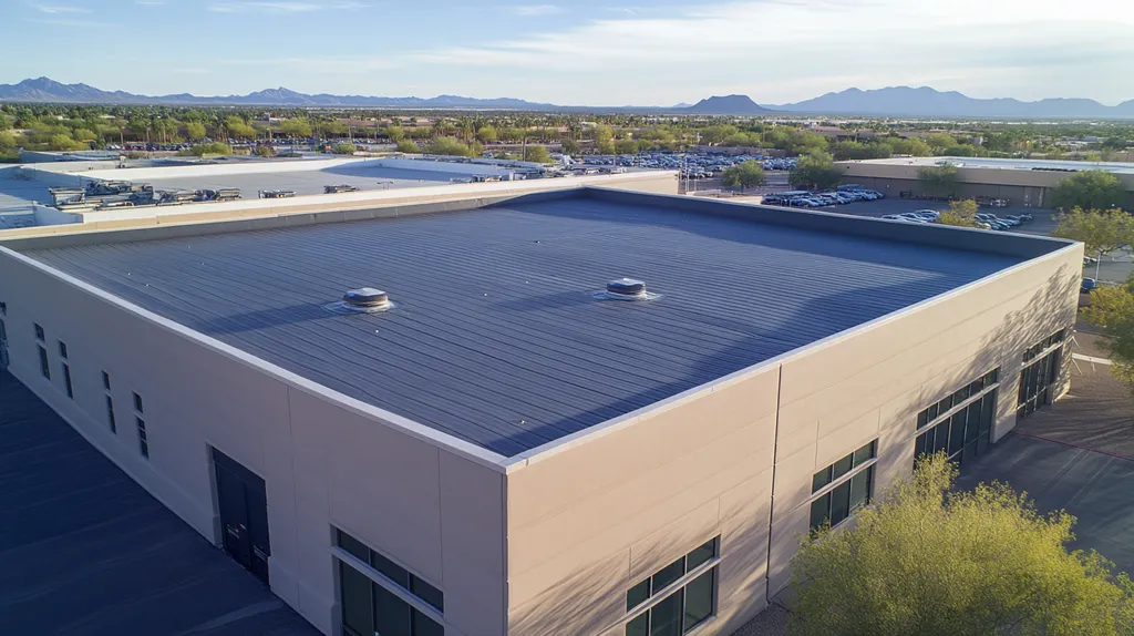 A commercial roof on a manufacturing plant in a location similar to Scottsdale with a futuristic aesthetic (AI image)