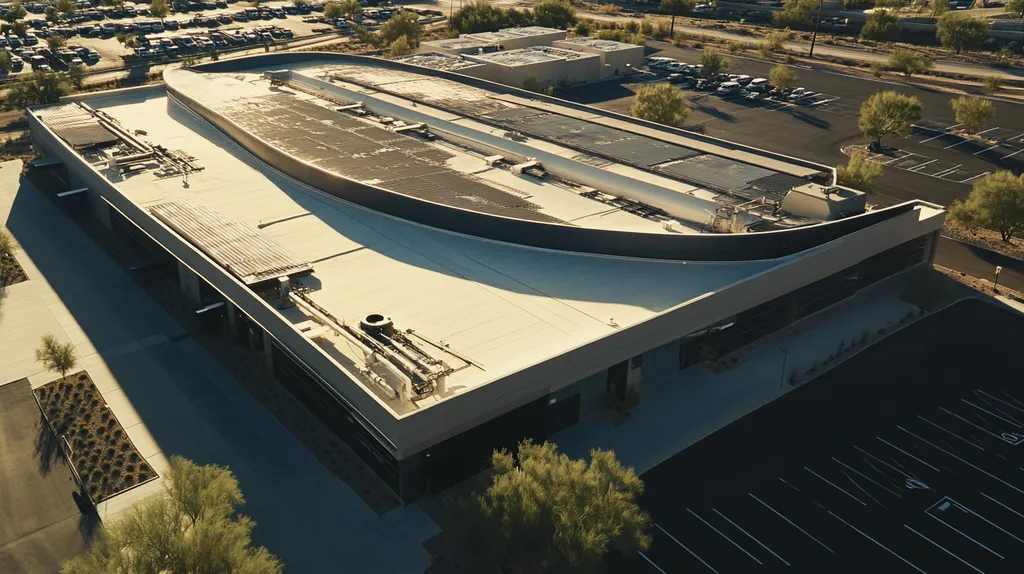 A commercial roof on a manufacturing plant in a location similar to Scottsdale with a futuristic aesthetic (AI image)