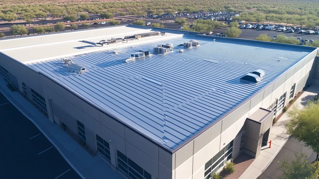 A commercial roof on a manufacturing plant in a location similar to Scottsdale with a stainless steel aesthetic (AI image)