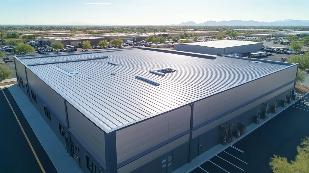 A commercial roof on a manufacturing plant in a location similar to Scottsdale with a stainless steel aesthetic (AI image)
