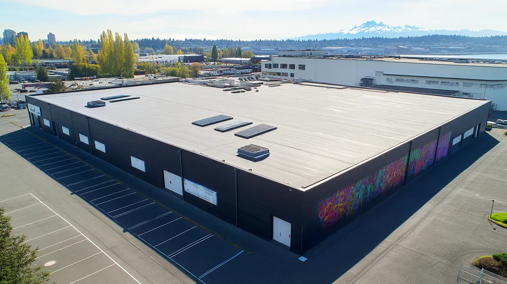 A commercial roof on a manufacturing plant in a location similar to Seattle with a graffiti mural aesthetic (AI image)