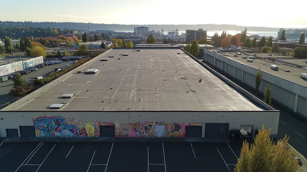 A commercial roof on a manufacturing plant in a location similar to Seattle with a graffiti mural aesthetic (AI image)