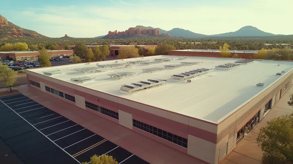 A commercial roof on a manufacturing plant in a location similar to Sedona with a Polaroid aesthetic (AI image)