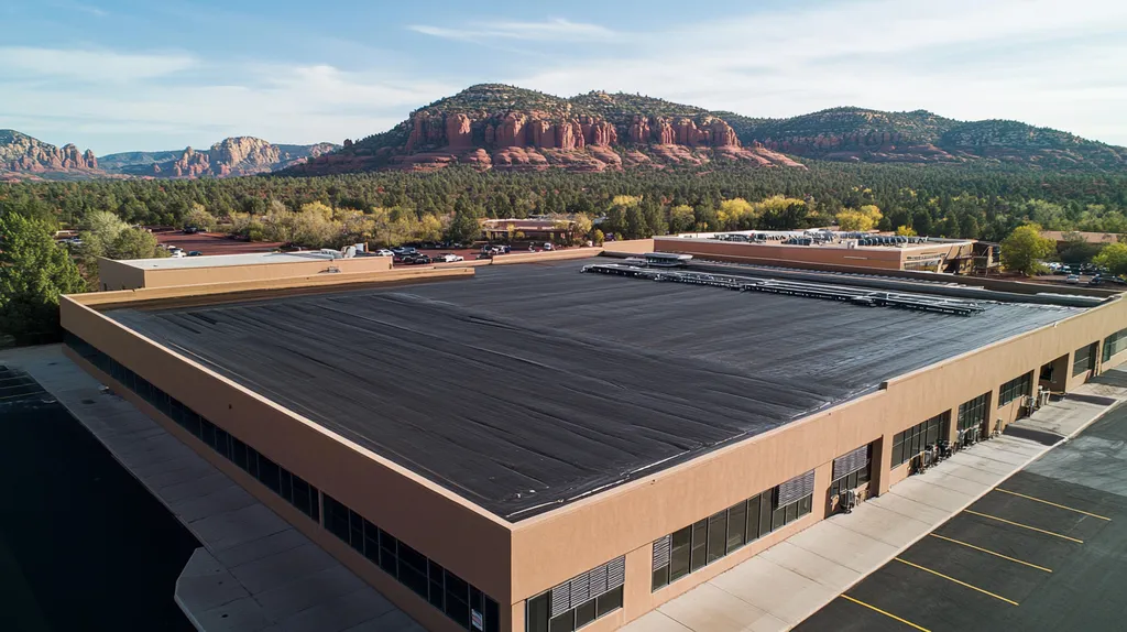 A commercial roof on a manufacturing plant in a location similar to Sedona with a color highlight aesthetic (AI image)