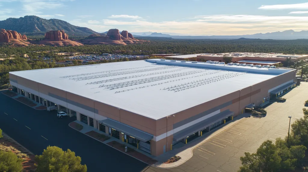 A commercial roof on a manufacturing plant in a location similar to Sedona with a color highlight aesthetic (AI image)