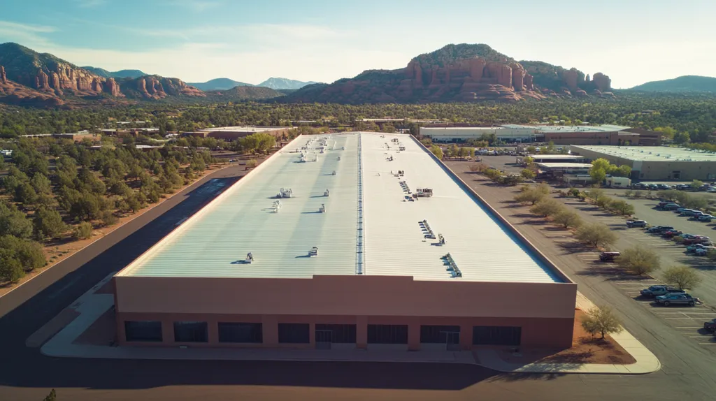 A commercial roof on a manufacturing plant in a location similar to Sedona with a cross-processed look aesthetic (AI image)
