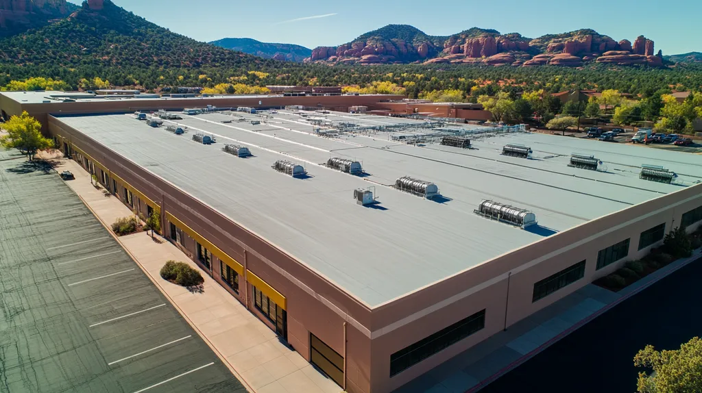 A commercial roof on a manufacturing plant in a location similar to Sedona with a cross-processed look aesthetic (AI image)
