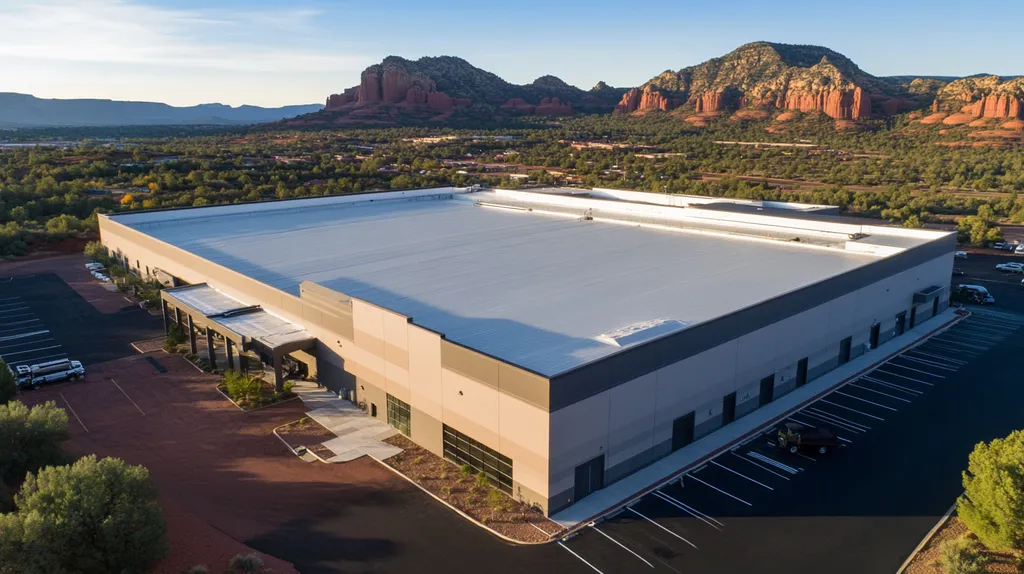 A commercial roof on a manufacturing plant in a location similar to Sedona with an ethereal glow aesthetic (AI image)