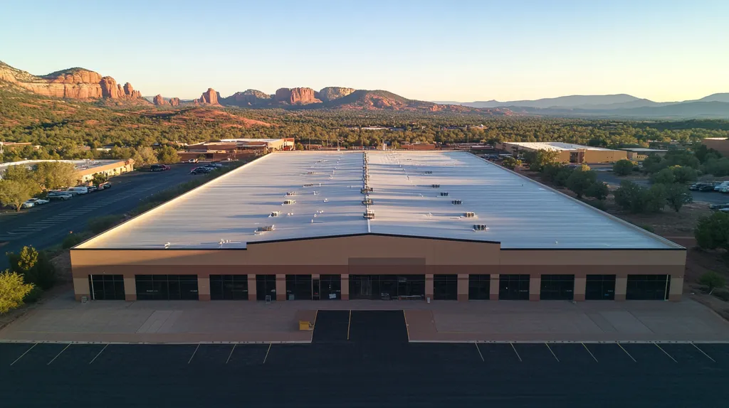 A commercial roof on a manufacturing plant in a location similar to Sedona with an ethereal glow aesthetic (AI image)