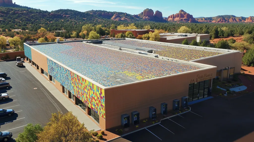 A commercial roof on a manufacturing plant in a location similar to Sedona with a mosaic tile art aesthetic (AI image)