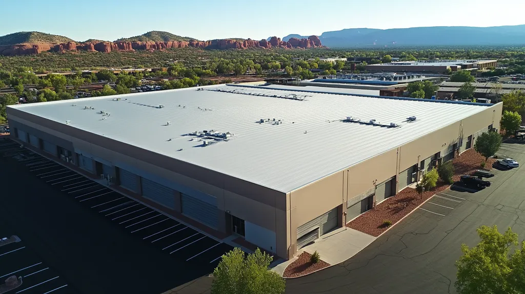 A commercial roof on a manufacturing plant in a location similar to Sedona with a stainless steel aesthetic (AI image)