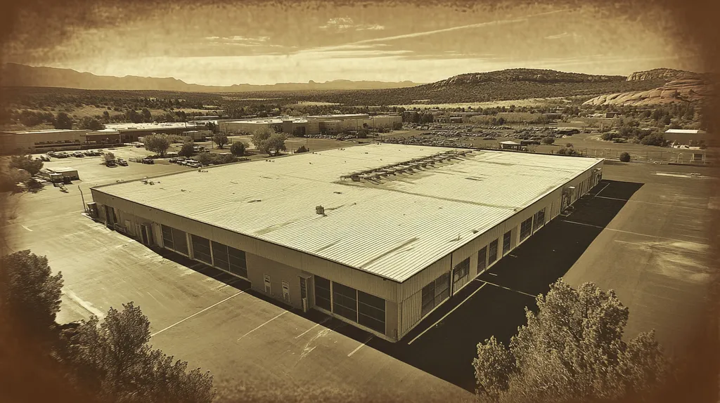 A commercial roof on a manufacturing plant in a location similar to Sedona with a tintype aesthetic (AI image)