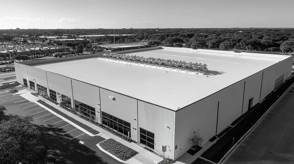 A commercial roof on a manufacturing plant in a location similar to Tampa with a black and white photography aesthetic (AI image)