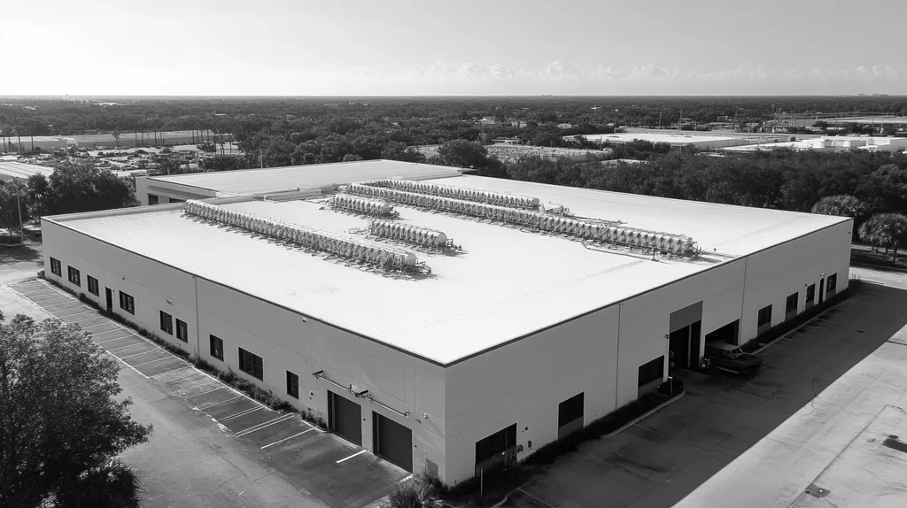 A commercial roof on a manufacturing plant in a location similar to Tampa with a black and white photography aesthetic (AI image)