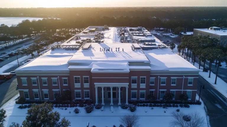 A commercial roof on a mid-rise in a location similar to Charleston with a snowy day aesthetic (AI image)