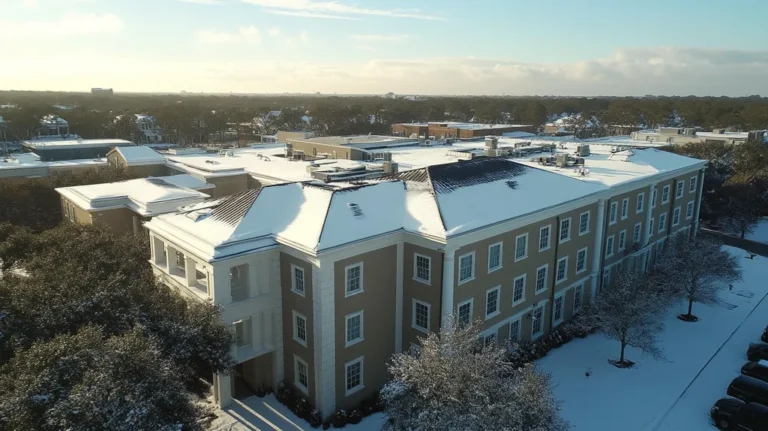 A commercial roof on a mid-rise building in a location similar to Charleston with a snowy day aesthetic (AI image)