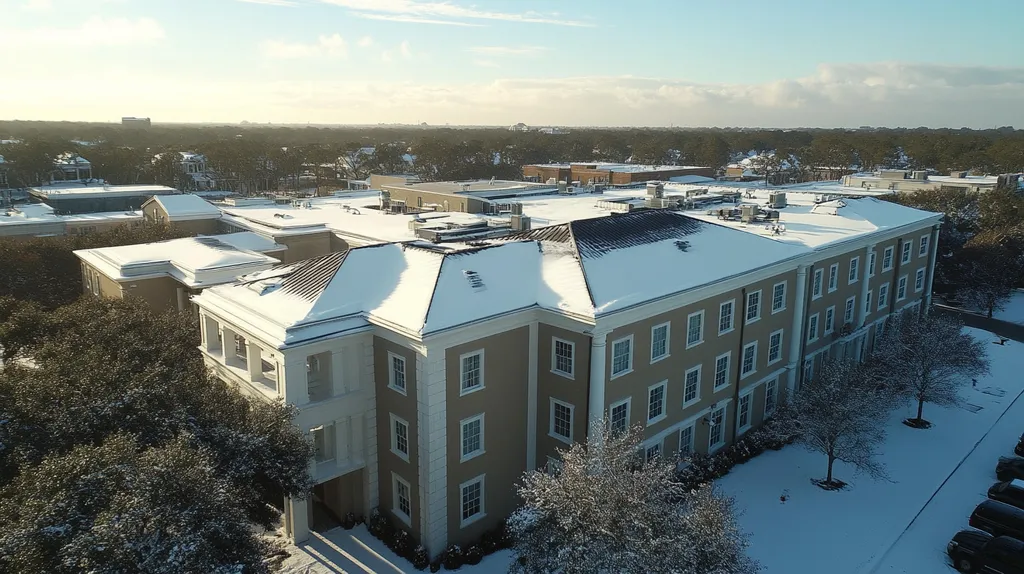 A commercial roof on a mid-rise building in a location similar to Charleston with a snowy day aesthetic (AI image)