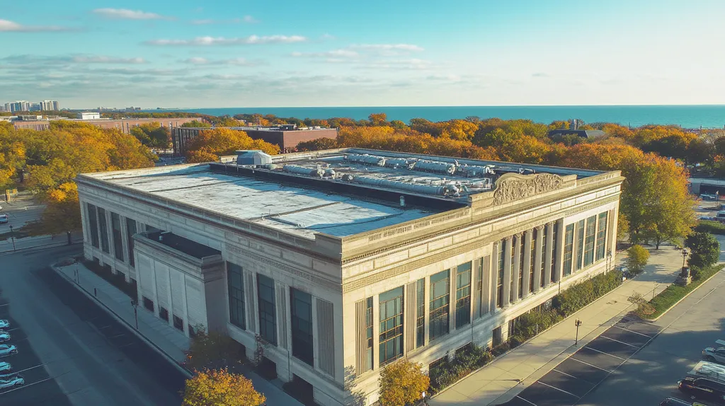 A commercial roof on a mid-rise building in a location similar to Chicago with a cross-processed look aesthetic (AI image)