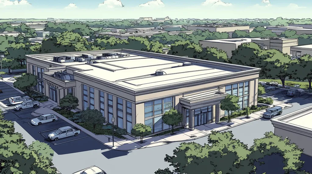 A commercial roof on a mid-rise building in a location similar to Dallas with a comic book style aesthetic (AI image)