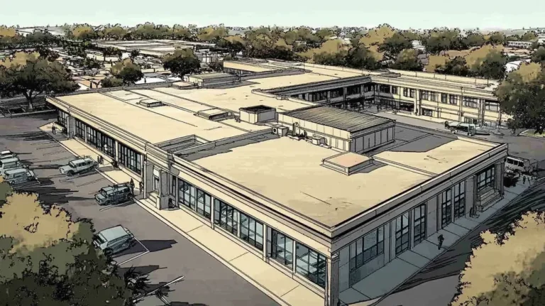 A commercial roof on a mid-rise in a location similar to Dallas with a comic book style aesthetic (AI image)
