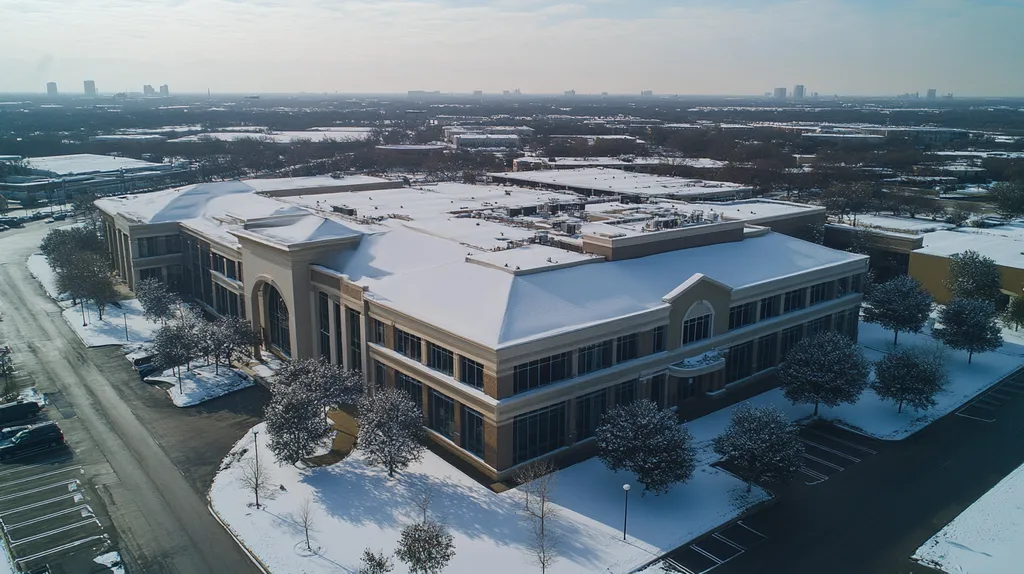 A commercial roof on a mid-rise building in a location similar to Dallas with a snowy day aesthetic (AI image)