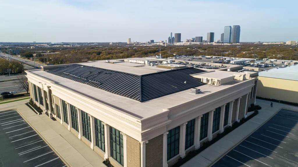 A commercial roof on a mid-rise in a location similar to Dallas with an urban context aesthetic (AI image)