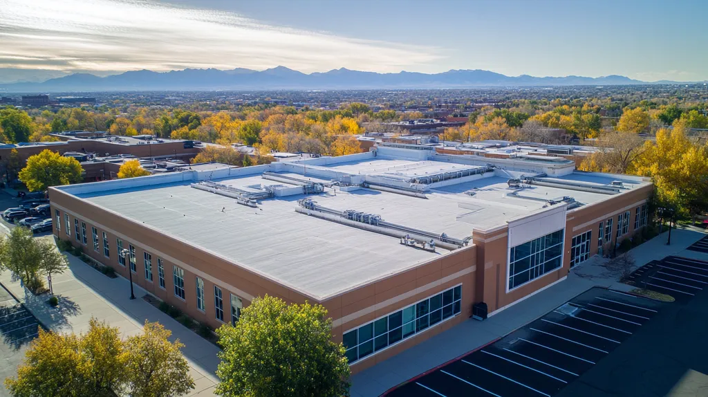 A commercial roof on a mid-rise in a location similar to Denver with a cross-processed look aesthetic (AI image)