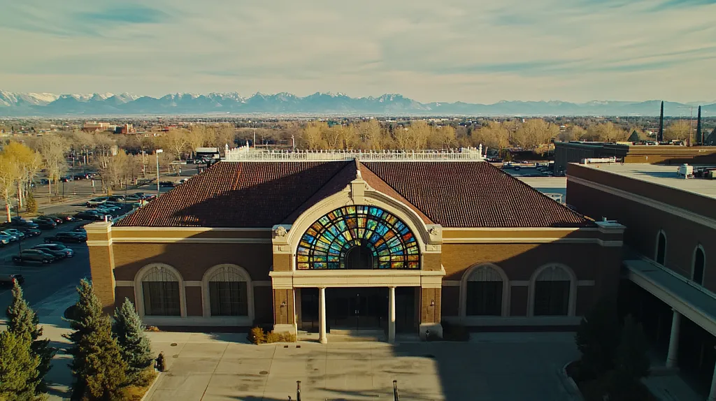 A commercial roof on a mid-rise in a location similar to Denver with a stained glass style aesthetic (AI image)