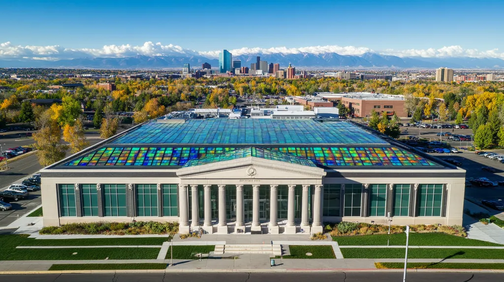 A commercial roof on a mid-rise in a location similar to Denver with a stained glass style aesthetic (AI image)