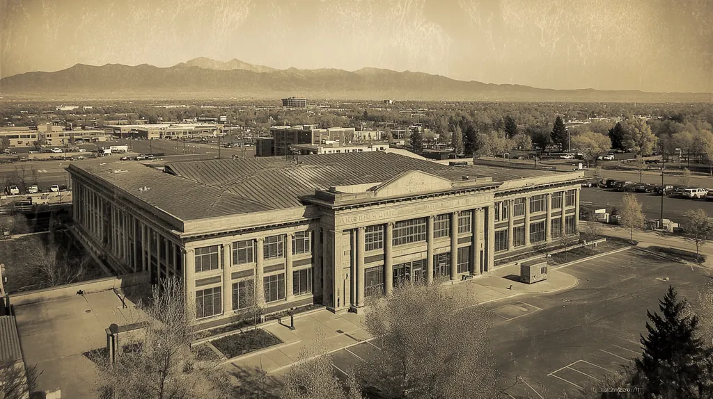 A commercial roof on a mid-rise in a location similar to Denver with a tintype aesthetic (AI image)