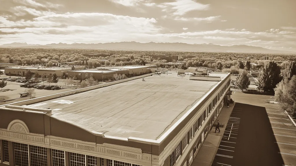 A commercial roof on a mid-rise in a location similar to Denver with a tintype aesthetic (AI image)