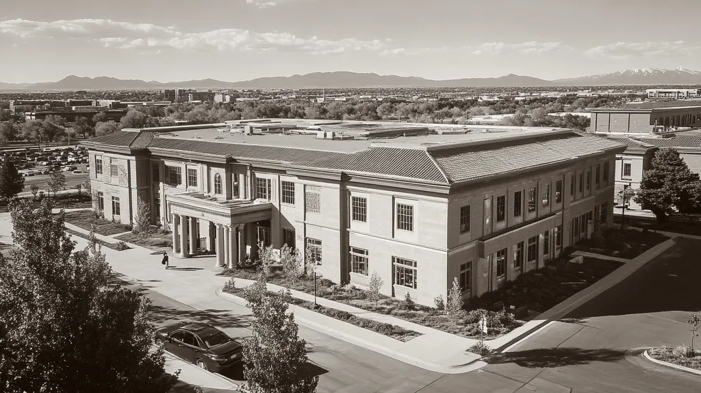 A commercial roof on a mid-rise in a location similar to Denver with a tintype aesthetic (AI image)