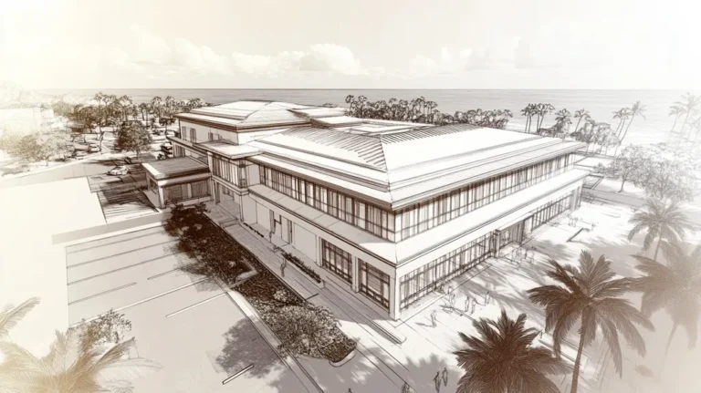 A commercial roof on a mid-rise in a location similar to Honolulu with an architectural sketch rendering aesthetic (AI image)