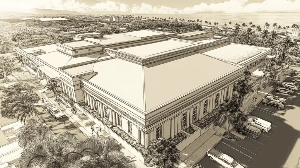 A commercial roof on a mid-rise in a location similar to Honolulu with an architectural sketch rendering aesthetic (AI image)