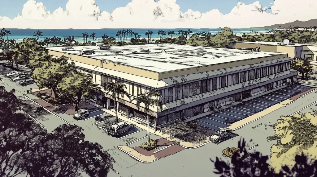 A commercial roof on a mid-rise in a location similar to Honolulu with a comic book style aesthetic (AI image)