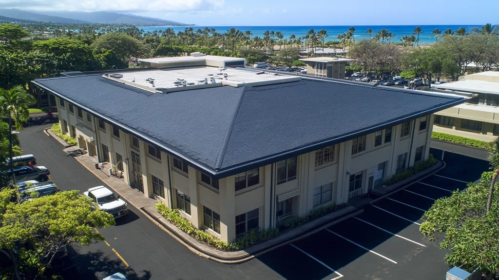 A commercial roof on a mid-rise in a location similar to Honolulu with a comic book style aesthetic (AI image)
