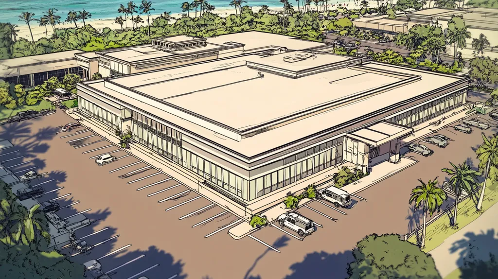 A commercial roof on a mid-rise in a location similar to Honolulu with a comic book style aesthetic (AI image)
