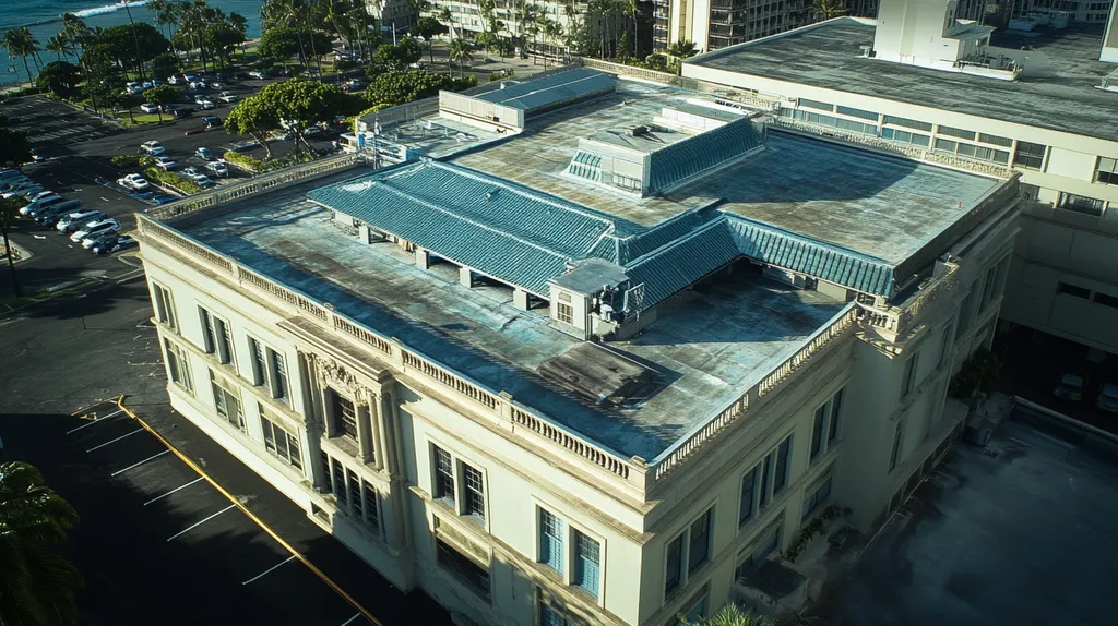 A commercial roof on a mid-rise in a location similar to Honolulu with a cross-processed look aesthetic (AI image)