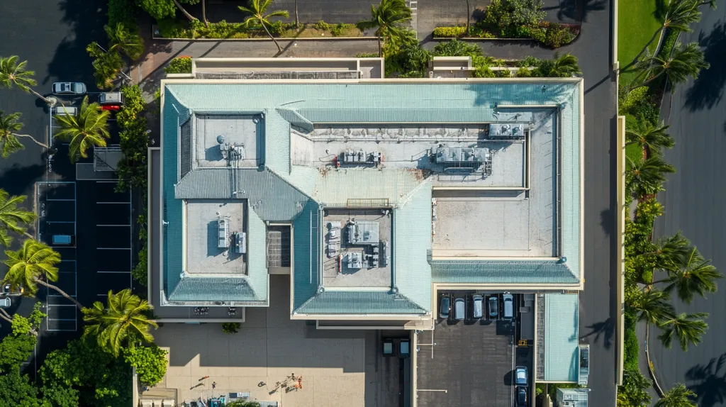 A commercial roof on a mid-rise in a location similar to Honolulu with a cross-processed look aesthetic (AI image)