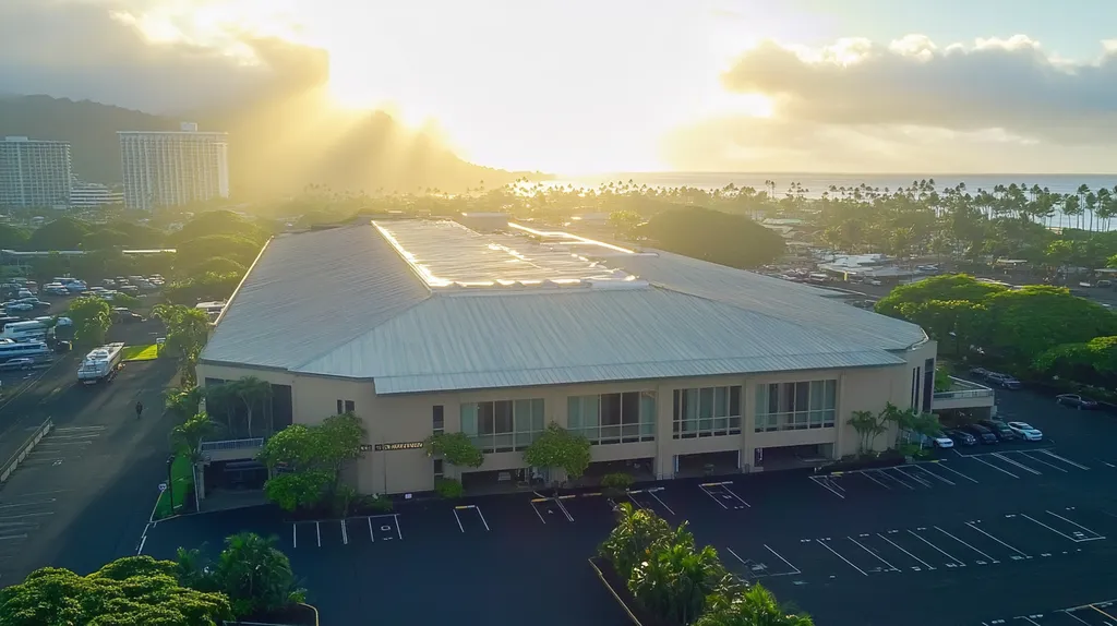 A commercial roof on a mid-rise in a location similar to Honolulu with a light beams aesthetic (AI image)