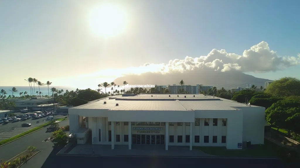 A commercial roof on a mid-rise in a location similar to Honolulu with a light beams aesthetic (AI image)