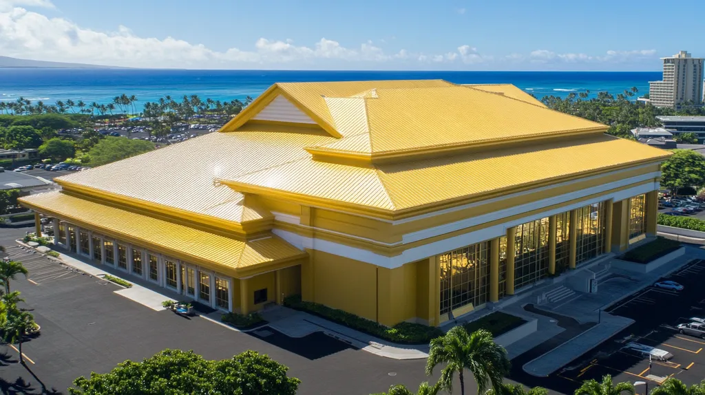 A commercial roof on a mid-rise in a location similar to Honolulu with a solid gold aesthetic (AI image)