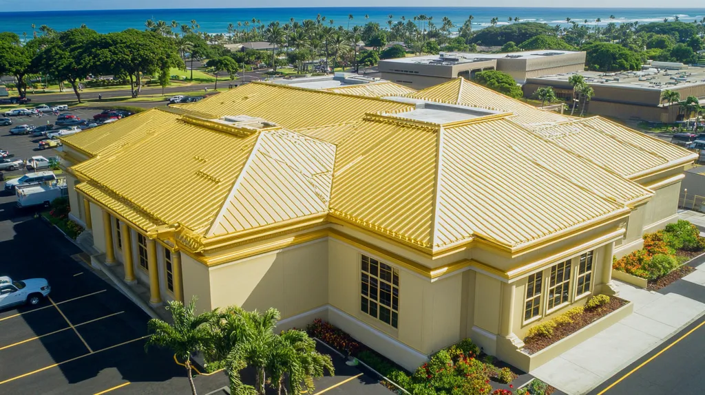 A commercial roof on a mid-rise in a location similar to Honolulu with a solid gold aesthetic (AI image)