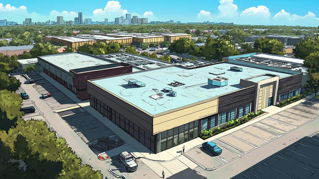 A commercial roof on a mid-rise in a location similar to Houston with a comic book style aesthetic (AI image)
